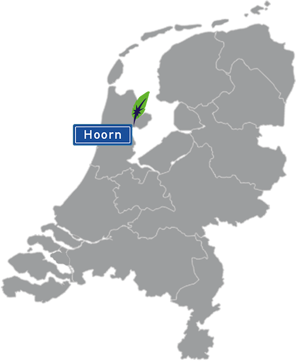 Grijze kaart van Nederland met Hoorn aangegeven voor maatwerk taalcursus Spaans zakelijk - blauw plaatsnaambord met witte letters en Dagnall veer - transparante achtergrond - 600 * 733 pixels